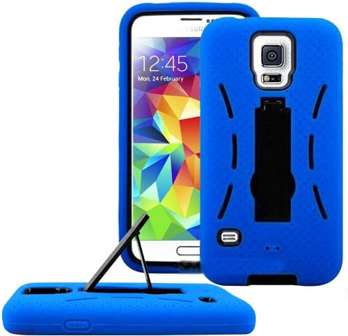 myLife Bright Blue and Deep Matte Black - Shock Suit Survivor Series (Built in Kickstand + Easy Grip Silicone) 3 Piece + 2 Layer Case for NEW Galaxy S5 (5g) Smartphone By Samsung (External Flex Silicone Bumper Gel + Internal 2 Piece Rubberized Snap Fitted Armor Protector + Shock Absorbing Material)