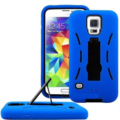 myLife Bright Blue and Deep Matte Black - Shock Suit Survivor Series (Built in Kickstand + Easy Grip Silicone) 3 Piece + 2 Layer Case for NEW Galaxy S5 (5g) Smartphone By Samsung (External Flex Silicone Bumper Gel + Internal 2 Piece Rubberized Snap Fitted Armor Protector + Shock Absorbing Material)