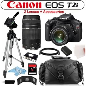 Canon EOS Rebel T2i 18 MP CMOS APS-C Digital SLR Camera with EF-S 18-55mm f/3.5-5.6 IS II Zoom Lens & EF 75-300mm f/4-5.6 III Telephoto Zoom Lens + Accessory Kit!