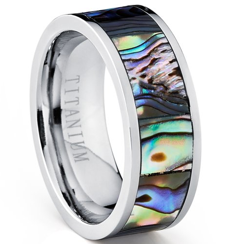 Pipe Cut Titanium Ring Band With Rainbow Rippled Abalone Inlay, Comfort Fit 8mm Sizes 7 to 12