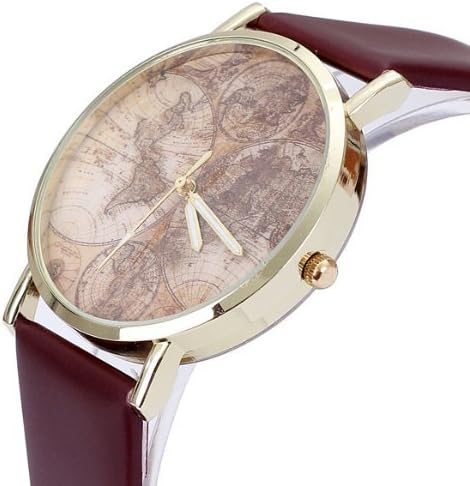 Vogue Elegant World Map Pattern Bracelet Wrist Watches Women Casual PU Leather Coffee