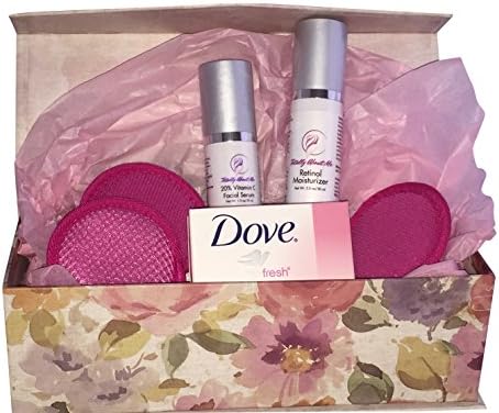 Totally About Me Retinol Cream, Vitamin C Serum, Dove Moisturizing Beauty Bar, Microfiber Facial Scrubbers, Spring Garden Butterfly &amp; Flowers Decorative Gift Box Bundle For Her
