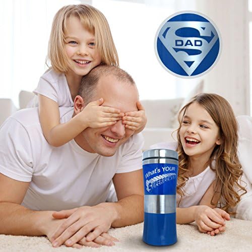 SUPER MUGS - 15 Oz. Insulated Travel Mugs - Stainless Steel & Plastic Construction - Leak & Spill-Proof Slider In Lid - "Super Dad" & "What's YOUR Superpower?" Featured On Front & Back - Fits Most Standard Auto Cup Holders - Great Father's Day or ANY Day Gift - Buy 2, get Deep Discount & Shipping is Free!