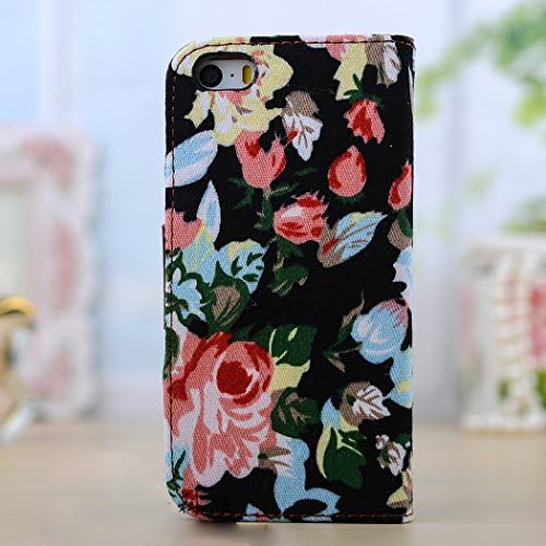 City View(TM) Elegant Flower and Deluxe Book Style Folio PU Leather Wallet with Magnet Design Flip Case Cover, Credit Card Holder for iPhone 5 / 5S (D-Black Rose)