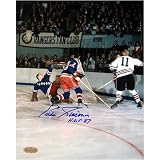 Eddie Giacomin Autographed H.O.F. 87 Inscription NY Rangers Save Vs. Blackhawks 8x10 Photograph