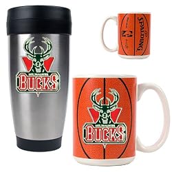Milwaukee Bucks NBA Stainless Steel Travel Tumbler & Game ball Ceramic Mug Set - Primary Logo by Great American Products