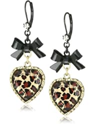 Betsey Johnson Crystal Leopard Heart and Black Bow Drop Earrings