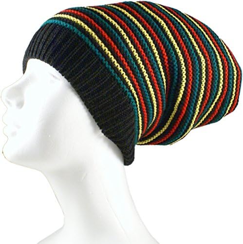 Rasta Dread Knit Tam Hat - "Dreadlocks Cap" (Long Black/Red/Yellow/Green, Thick Stripe, Brimless)