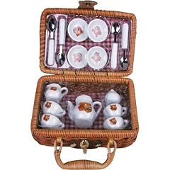 Mini Picknick Korb (geflochten) inkl. 17 Teile Keramik Set (Kanne, Tassen, Untersetzer, Milchk�nnchen, 4 L�ffel) mit B�rchenmotiv - einfach s��!