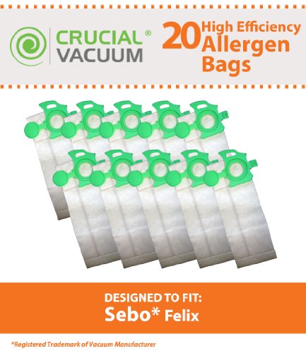20 Sebo Felix Vacuum Bags Designed To Fit Sebo Felix Vacuum Cleaners, Compare To Part # 7029ER, Designed & Engineered By Crucial Vacuum