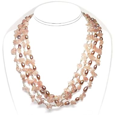 HinsonGayle Artisan Collection "Isabella" Double Strand Rose Quartz and Cultured Pearl Rope Necklace (Sterling Silver)