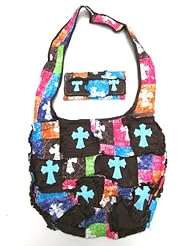 New Fashion Rag Quilted Cross Patchwork Frayed Cotton Shoulder Bag Hobo Brown with Matching Wallet - 020 ACT