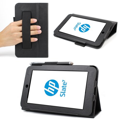 Evecase SlimBook Leather HandStrap Folio Stand Case Cover for HP Slate 7 (2800) - 7'' Android Tablet - Black