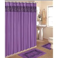 4 Piece Bath Rug Set / 3 Piece Purple Zebra Bathroom Rugs with Fabric Shower Curtain and Matching Mat/rings