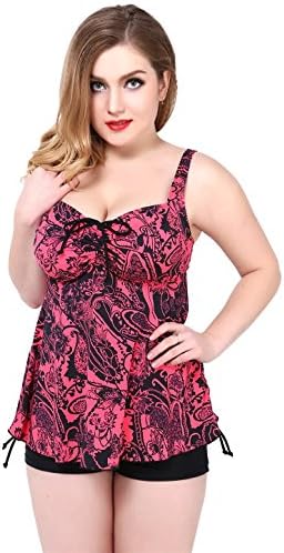 LATUD Women's Floral Print Tankini Boyleg Swimwear Bathing Suit Swimsuit Red