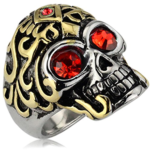 Men's Vintage Stainless Steel Gothic Cz Classic Skull Biker Ring , Gold Silver Red