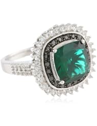 Sterling Silver Created Emerald and Created White Sapphire with Black Diamond Ring