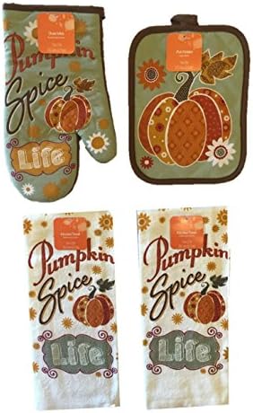 Fall Themed Kitchen Towels, Oven Mitt, and Potholder 4 Piece Bundle Set (Pumpkin Spice Life)