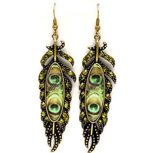 Antique Gold Tone Green Peacock Feather Fashion Crystal Earrings