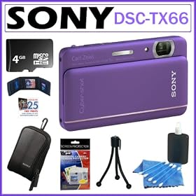 Sony Cyber-shot DSC-TX66 18.2MP Digital Camera with 5x Optical Zoom and 3.3-inch OLED in Violet + 4GB Micro SDHC + Sony Case + Accessory Kit