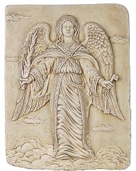 Archangel Uriel Holding Fiery Sword and Keys to Hades Wall Relief, Stone