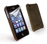 Tuff-Grip Saddle Leather (antenna assist) slim-line genuine leather hide moulded case cover for Apple iPhone 4 / 4G / 4S - Brown + screen protector