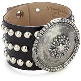 Streets Ahead Black Italian Leather with Studs and Silver-Tone Ornament Cuff Bracelet
