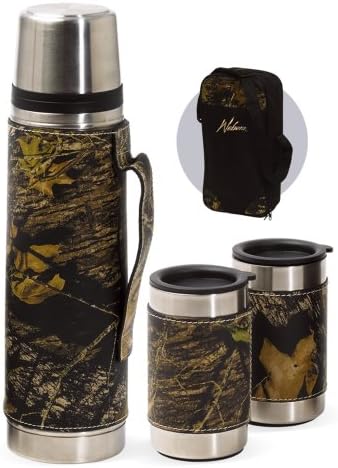 Mossy Oak Camo Leather Wrap Vacuum Bottle, Mug / Cup Set w/ Carrying Case (Mossy Oak Camo Leather Wrap 4PC Set)