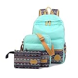 SymbolLife Casual Style Lightweight Canvas Laptop Bag/ Shoulder Bag/ Bookbag/ School Backpack with Cross-body Bag and Purse/Pen Bag with Embroidery Design, Water Blue