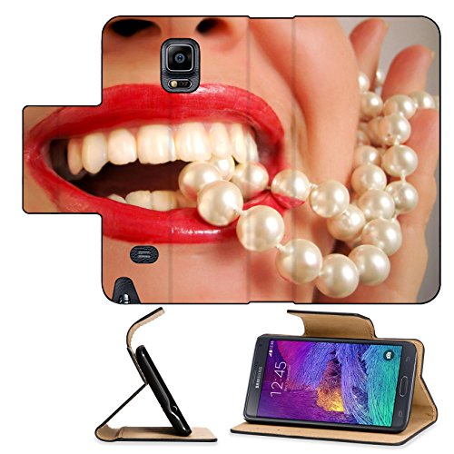 Luxlady Premium Samsung Galaxy Note 4 Flip Pu Leather Wallet Case glamorous lips and pearls IMAGE ID 267808