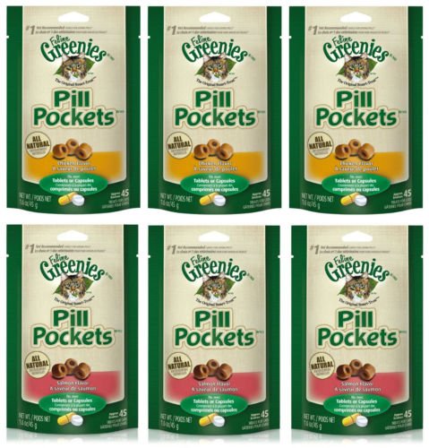 1.6oz GREENIES PILL POCKETS FOR CATS. SALMON FLAVOR 3 pk & CHICKEN FLAVOR 3 pk
