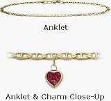 10 Karat 10 Yellow Gold Flat Gucci Style Red Stone Heart Charm Anklet