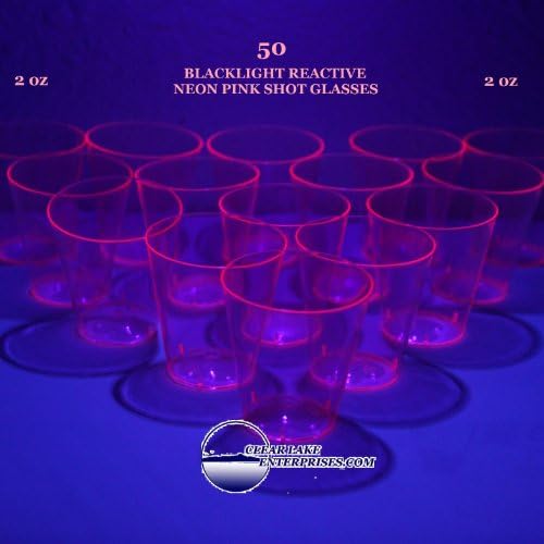 2 oz Neon Pink Plastic Shot Glasses - 2 ounce Blacklight Reactive Cups - Pack of 50