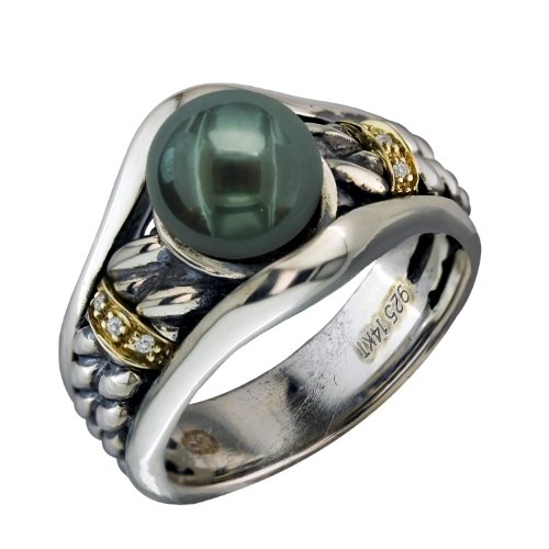 14K Yellow Gold and .925 Sterling Silver Tahitian Black Pearl and Diamond Ring Size 7.5 TR-10051A-AM