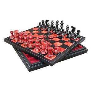 Red and Black Alabaster Chess and Checkers Set in Chest by