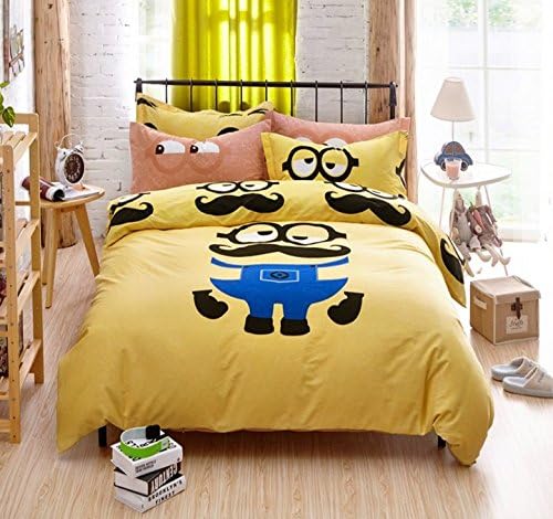 Cartoon Partysu Duvet Cover Set Disney Minions Solid printing Bedding sets All Cotton Comforter Cover+flat Sheet/fitted sheet+Pillowcase (Queen(fitted sheet-1), Minions)