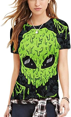 Pretty321 Women Girl Green Alien Monster Skull Head 3D Harajuku Tee T shirt Slim Fit (US(Women 8-10/M| Men S+) Ignore Our Tag, Amazon)