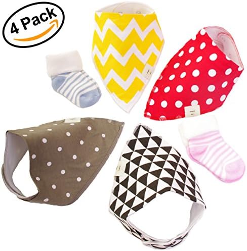 Baby Bandana Bibs (4 pack) +2 Free Pairs Of Baby Socks - Premium Quality Modern And Soft For Girls, Boys, Dribble, Teething, Drool Babies - Waterproof With Adjustable Snaps | Perfect Cute Bib Gift Set