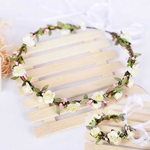 Elegant Hippie Girl Flower Headpiece Silk Green Leaf Double Paper Rose Handmade Floral Circlet 16-17cm and Handband 4-5cm with Ribbon Custom Sizes Head Accessories（ivory)