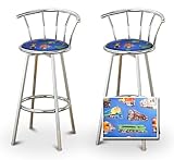 2 Blue Train Fabric Specialty / Custom Chrome Barstools with Backrest Set