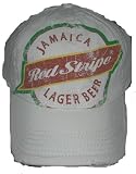 Red Stripe Jaimaican Beer Alcohol Hat - Distressed White Flex Fit Baseball Cap