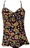 Marina West Long Ruffle Tankini Bikini, Bra Straps, Multiple Prints (S (2/4), Brown/Gold/Pink Paisley)