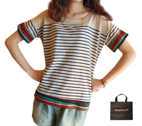 (ラズベリーパイ)RaspberryPi ガーリー おしゃれ ボーダー カットソー 半袖 Ｔシャツ Fサイズ オリジナルエコバッグセット tc287r