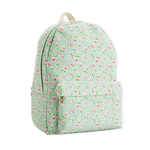 Vintage Beautiful Rose Floral Canvas Backpack Book Bag Tote Handbag Travel Campus Cute Schoolbag Mint Green