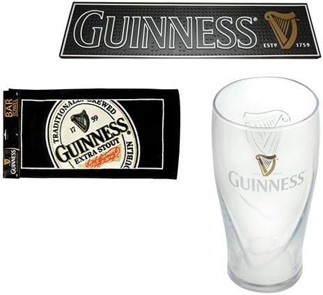 Guinness Barware Pack - PVC Bar Mat, English Label Bar Towel &amp; Set of 24 20oz Gravity Pint Glass