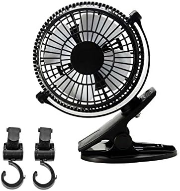 C-Caravan 5-inch Clip Fan Portable Clamp on Table Rechargeable Battery Power Personal Cooling Baby Stroller Clip Fan Vehicle-mounted (Black)+ Stroller Hooks 2 Pack