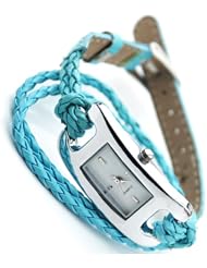 Fashion Womens Quartz Square Dial Weave Wrap Fuax Leather Bracelet Watch Blue