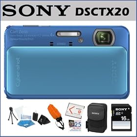 Sony DSCTX20/L Cybershot 16MP 4X Digital Camera Blue + Sony Class 4 16GB SDHC Card + Sony Digital Camera Case + Accessory Kit