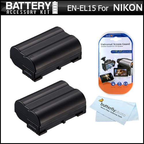 2 Pack Battery Kit For Nikon D7000, D600, D800, D800E DSLR and Nikon 1 V1 Digital Camera Includes 2 Extended Replacement (2200Mah) EN-EL15 Batteries (FULLY DECODED!!) + LCD Screen Protectors + MicroFiber Cleaning Coth. Battery Shows time on LCD!