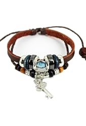 Elimoons Fashion Charm Adjustable Leather Hemp Woven Braided Wrap Bracelet with Retro Key Pendant